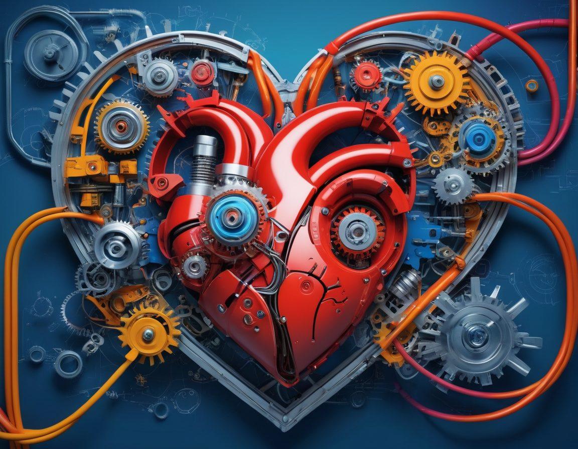 A heart made of various engineering tools and gears, intertwining with vibrant, flowing lines representing innovation and creativity. Include elements like blueprints, light bulbs, and mechanical structures, set against a backdrop of swirling colors that symbolize passion. The scene should depict a harmonious blend of technology and love, celebrating the connection between engineering and human emotion. super-realistic. vibrant colors. 3D.