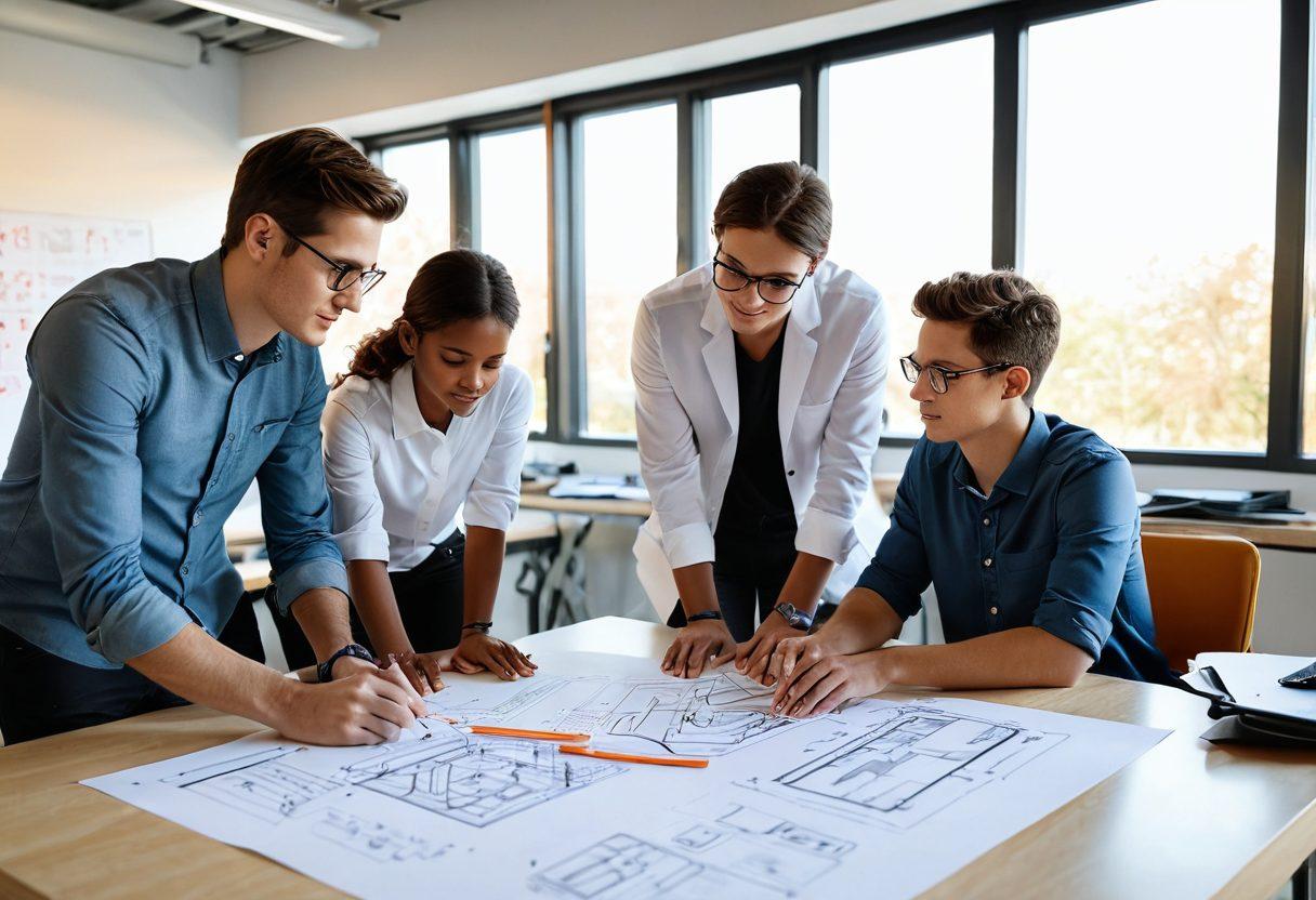 A heartfelt scene depicting engineers collaborating in a modern workspace, with diagrams and prototypes around them. In the foreground, a mentor is guiding a young engineer, emphasizing a warm exchange of ideas. A subtle heart symbol emerges from their discussion, illustrating love and connection within the technical setting. Soft sunlight filters through large windows, adding warmth to the atmosphere. super-realistic. vibrant colors. white background.