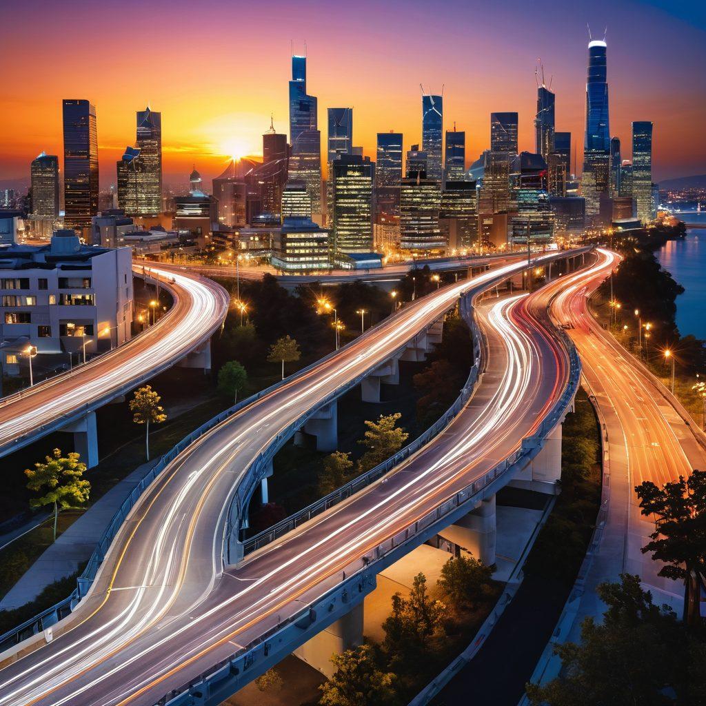 A winding path symbolizing the journey of engineering professionals, lined with gears and tools representing inspiration, leading towards a bright horizon filled with achievements and success. In the foreground, a diverse group of engineers sharing ideas and collaborating with affectionate expressions, showcasing unity and teamwork. The backdrop features a city skyline with innovative structures illuminated by the sun, depicting progress and ambition. vibrant colors. super-realistic.